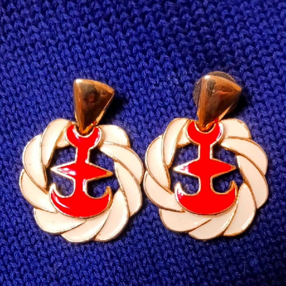 Gold, Red And White Anchor Earrings